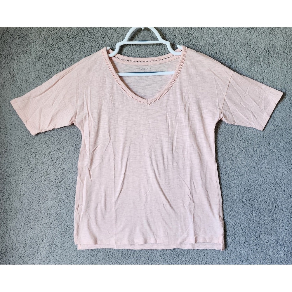 Talbots V-Neck T-Shirt Womens Medium Pink Crochet Trim Slub‎ Knit Cotton Modal